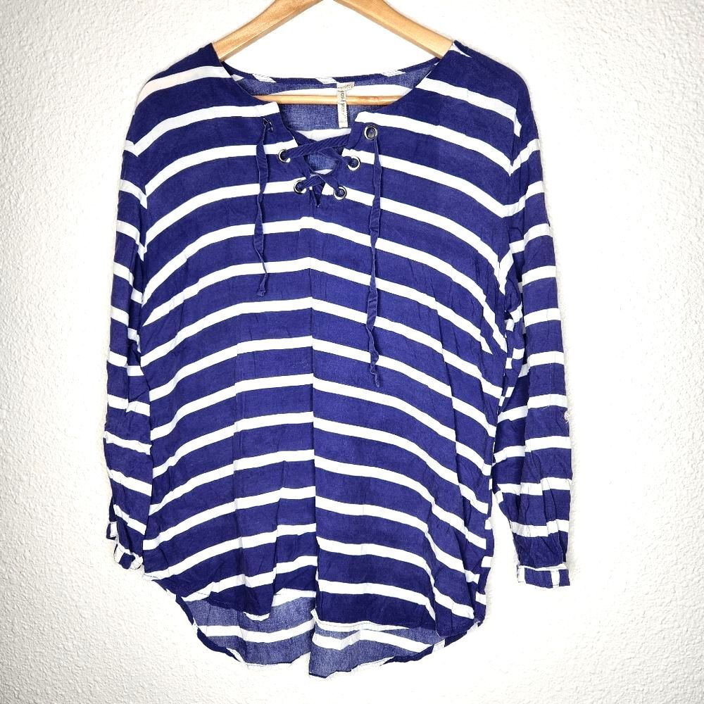 Grand & Greene Navy & White Striped Top Lace Up Front Long Sleeve Womens Size XL